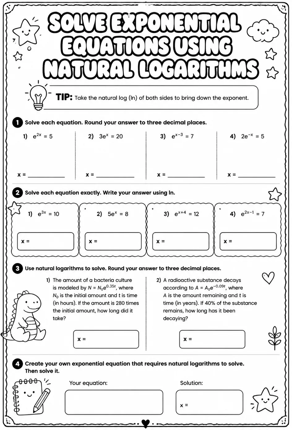 Solve exponential equations using natural logarithms — free printable Algebra 2 math worksheet
