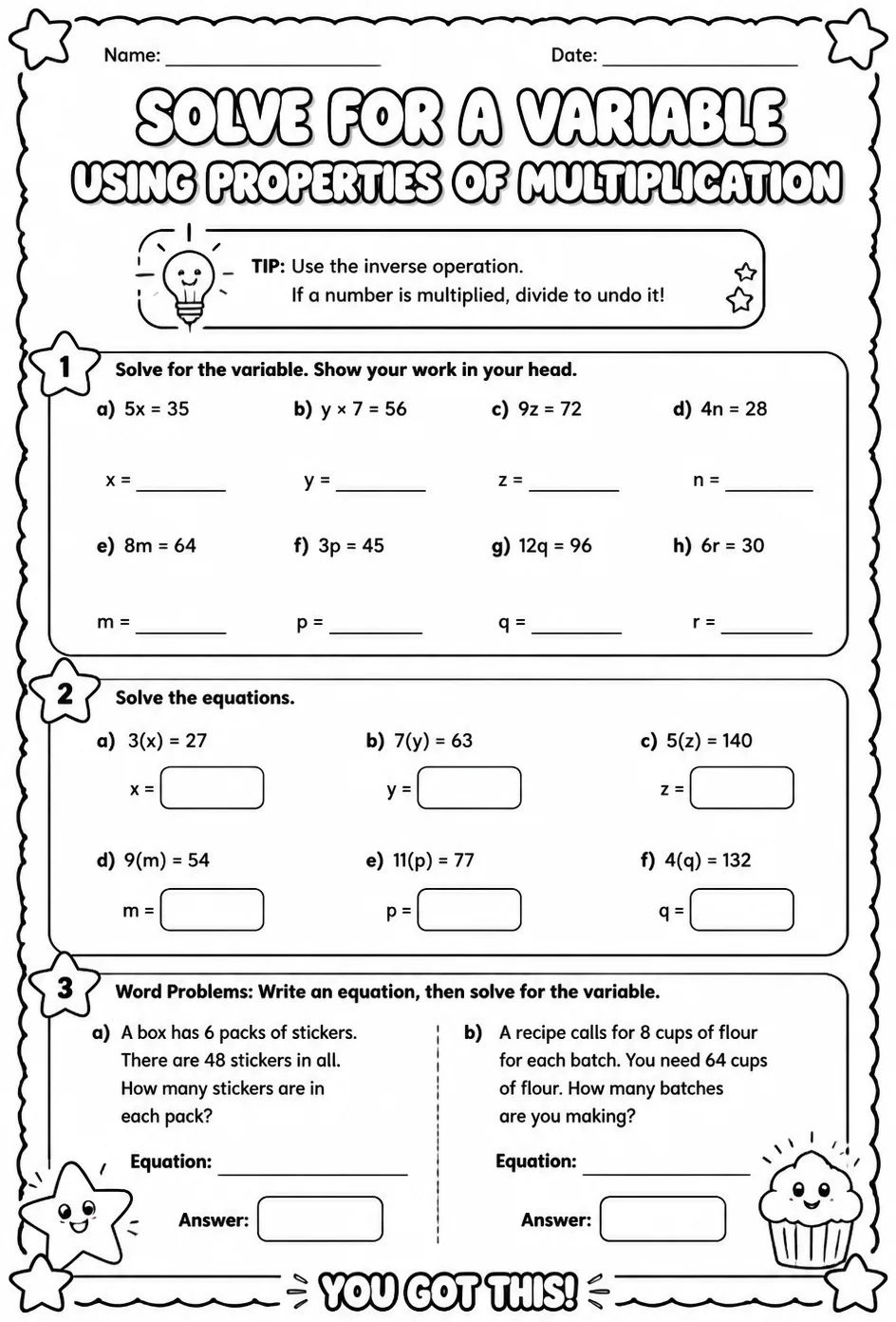 Solve for a variable using properties of multiplication — free printable Grade 6 math worksheet