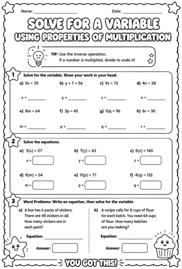 Solve for a variable using properties of multiplication