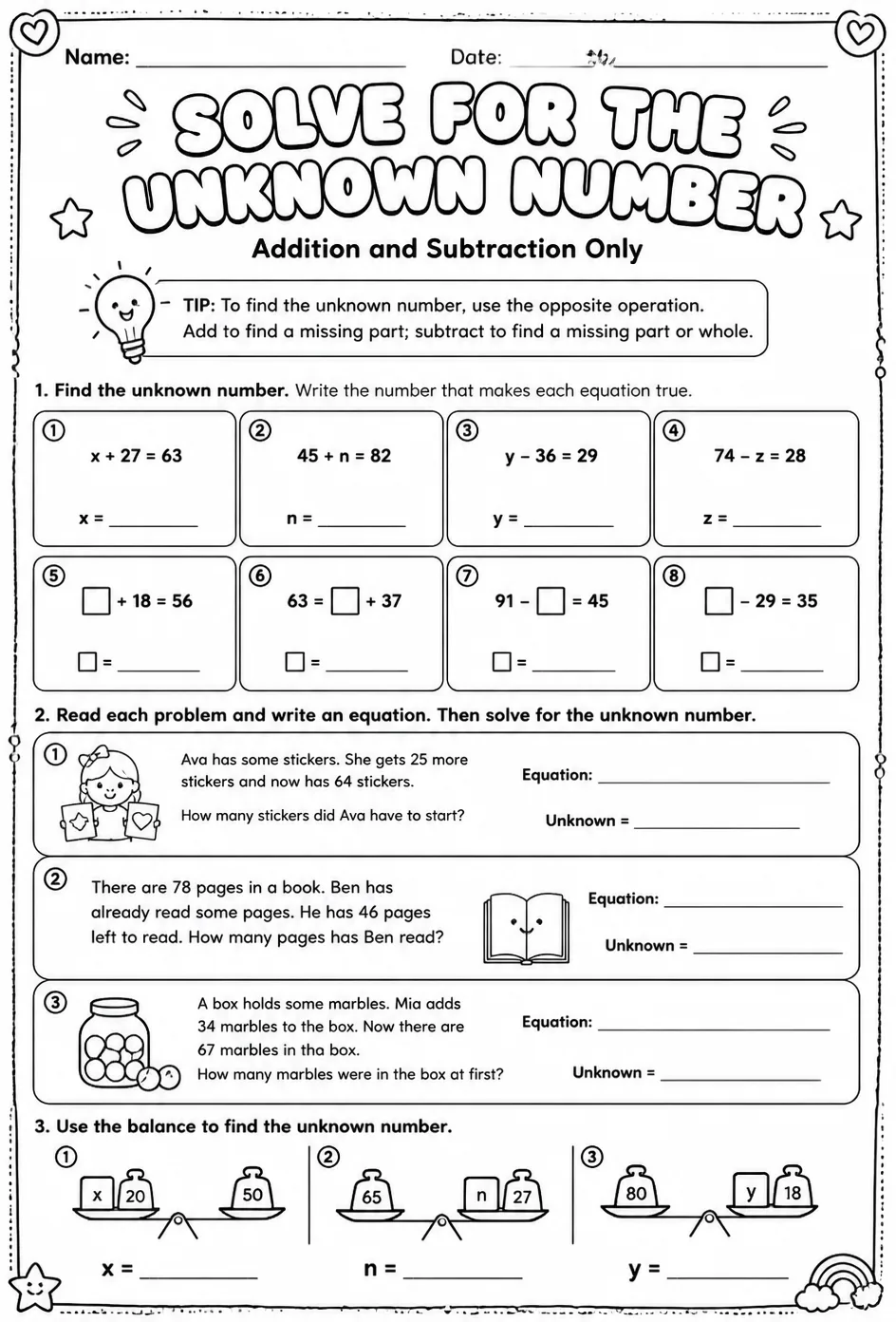 Solve for the unknown number: addition and subtraction only — free printable Grade 3 math worksheet