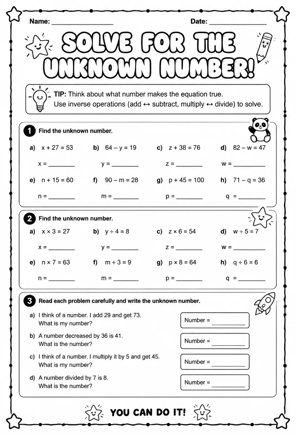 Solve for the unknown number — free printable Grade 3 math worksheet