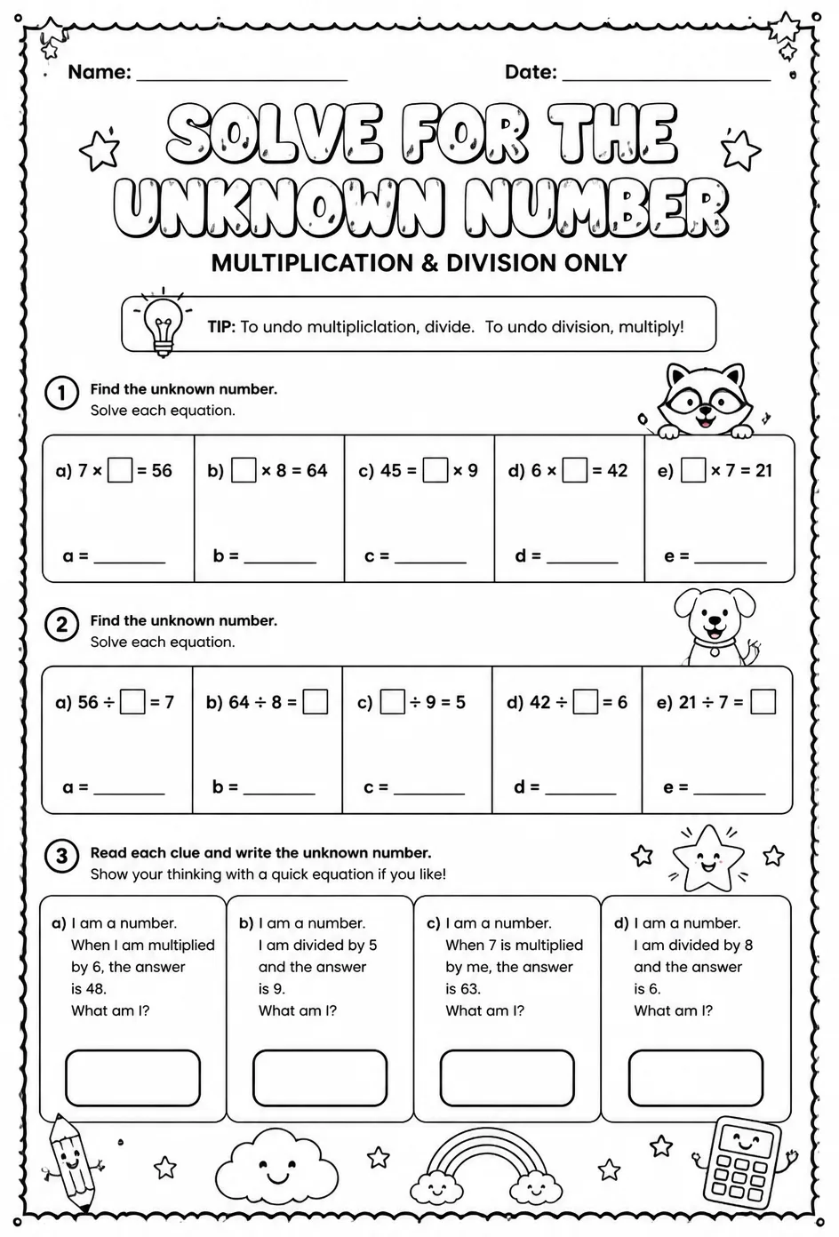 Solve for the unknown number: multiplication and division only — free printable Grade 3 math worksheet
