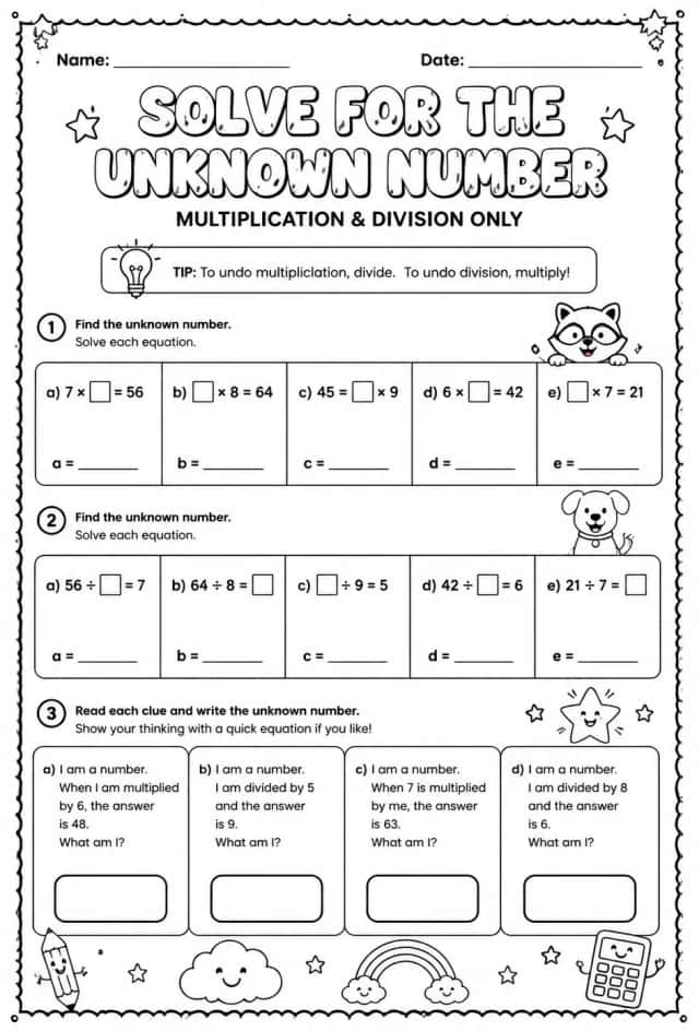 Solve for the unknown number: multiplication and division only