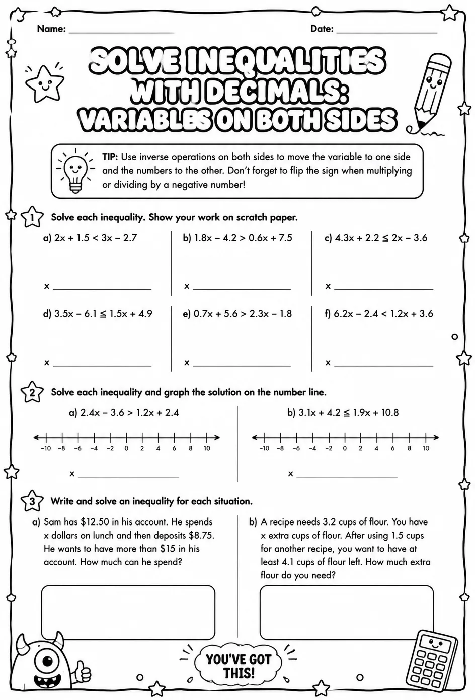 Solve inequalities with decimals: variables on both sides — free printable Grade 8 math worksheet