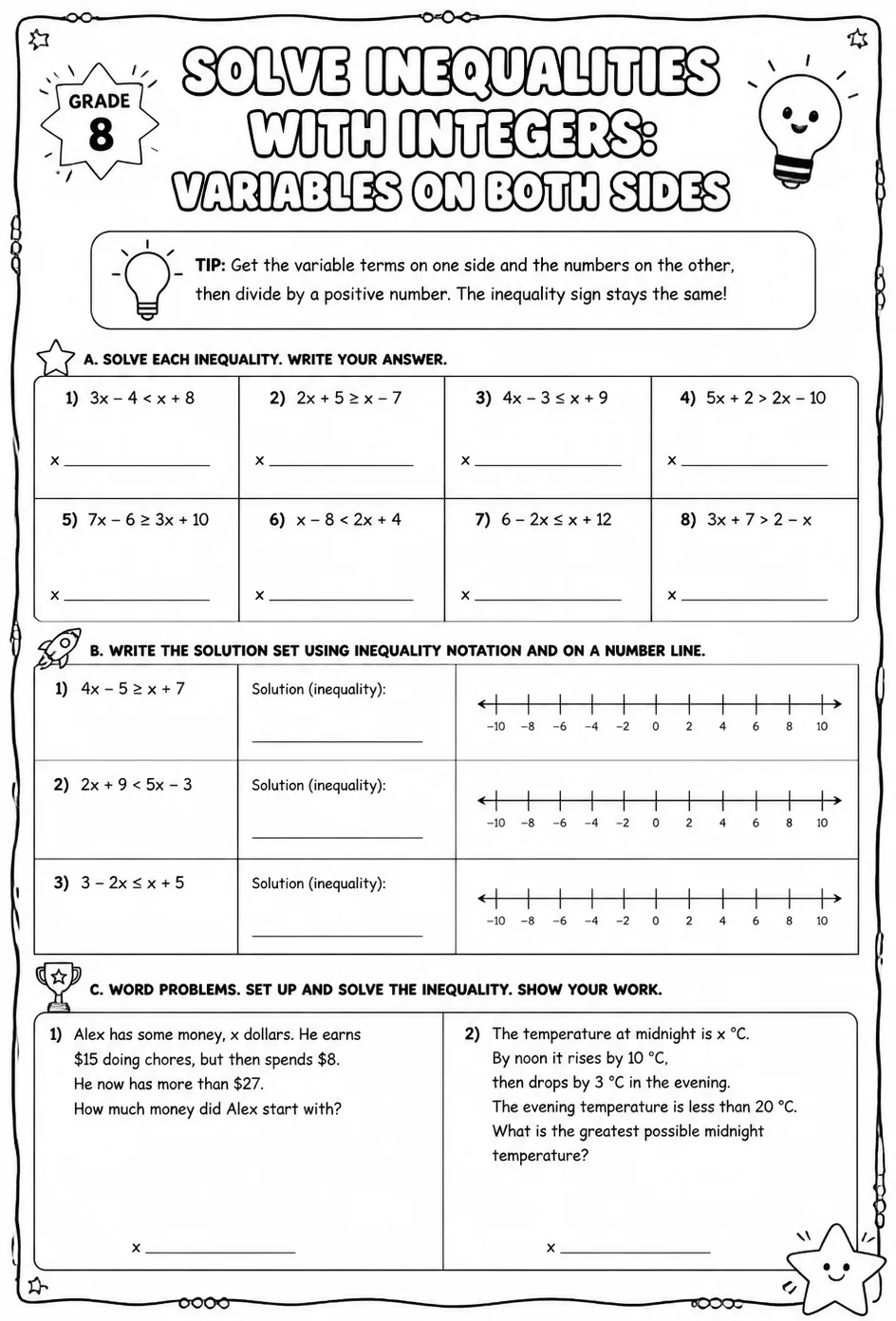 Solve inequalities with integers: variables on both sides — free printable Grade 8 math worksheet