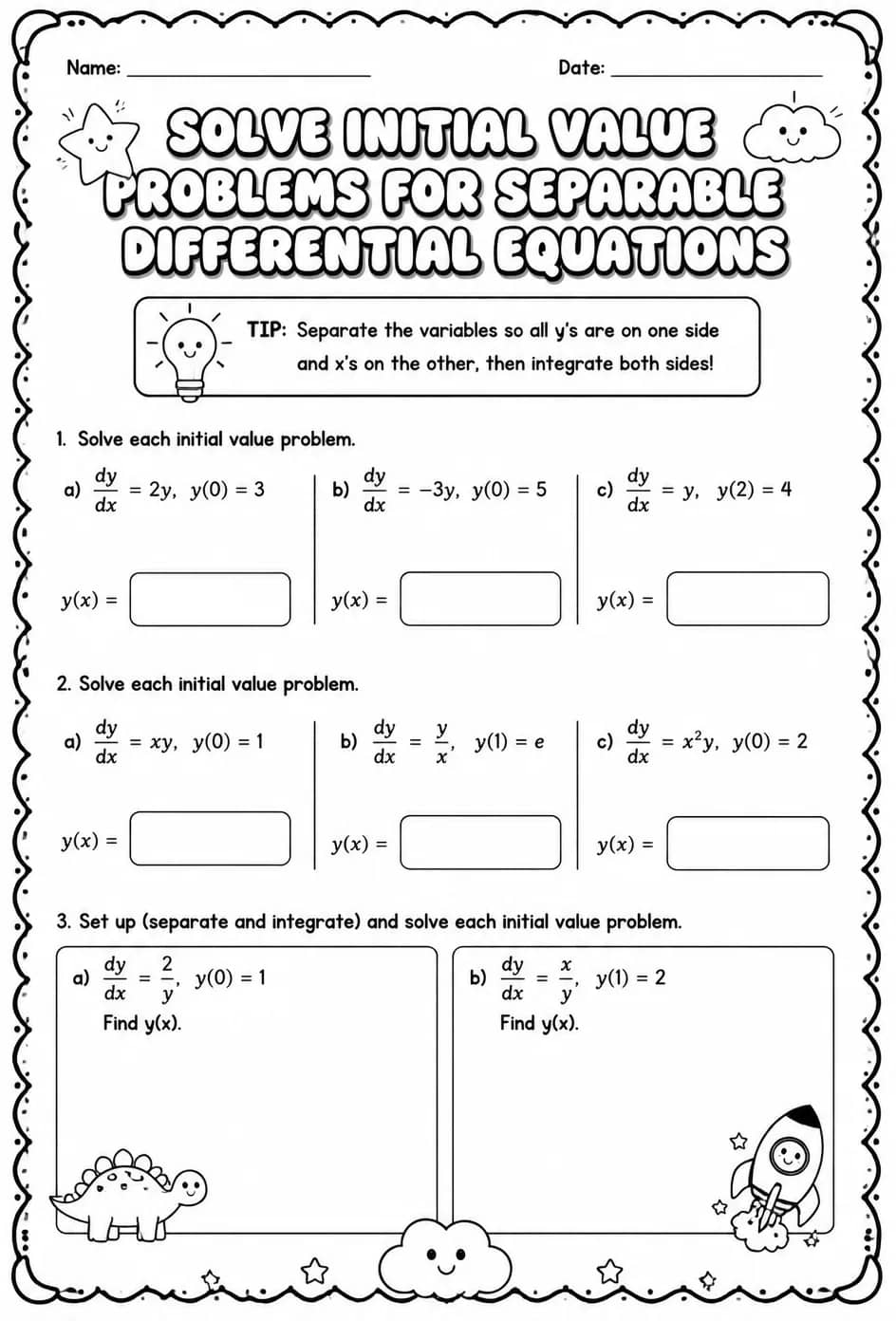 Solve initial value problems for separable differential equations — free printable Calculus math worksheet