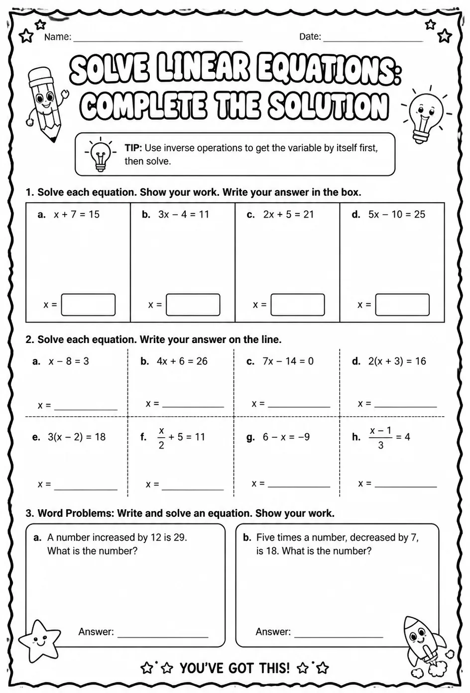 Solve linear equations: complete the solution — free printable Algebra 1 math worksheet