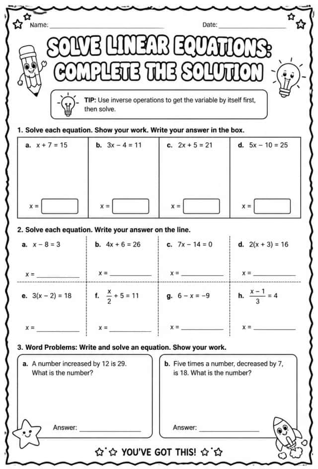 Solve linear equations: complete the solution