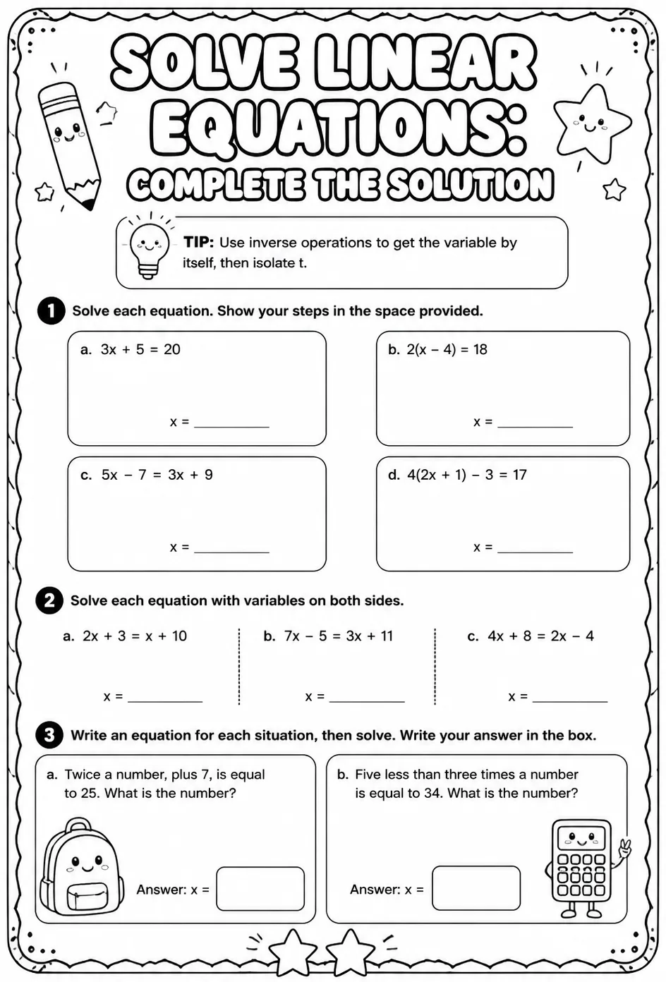 Solve linear equations: complete the solution — free printable Algebra 2 math worksheet