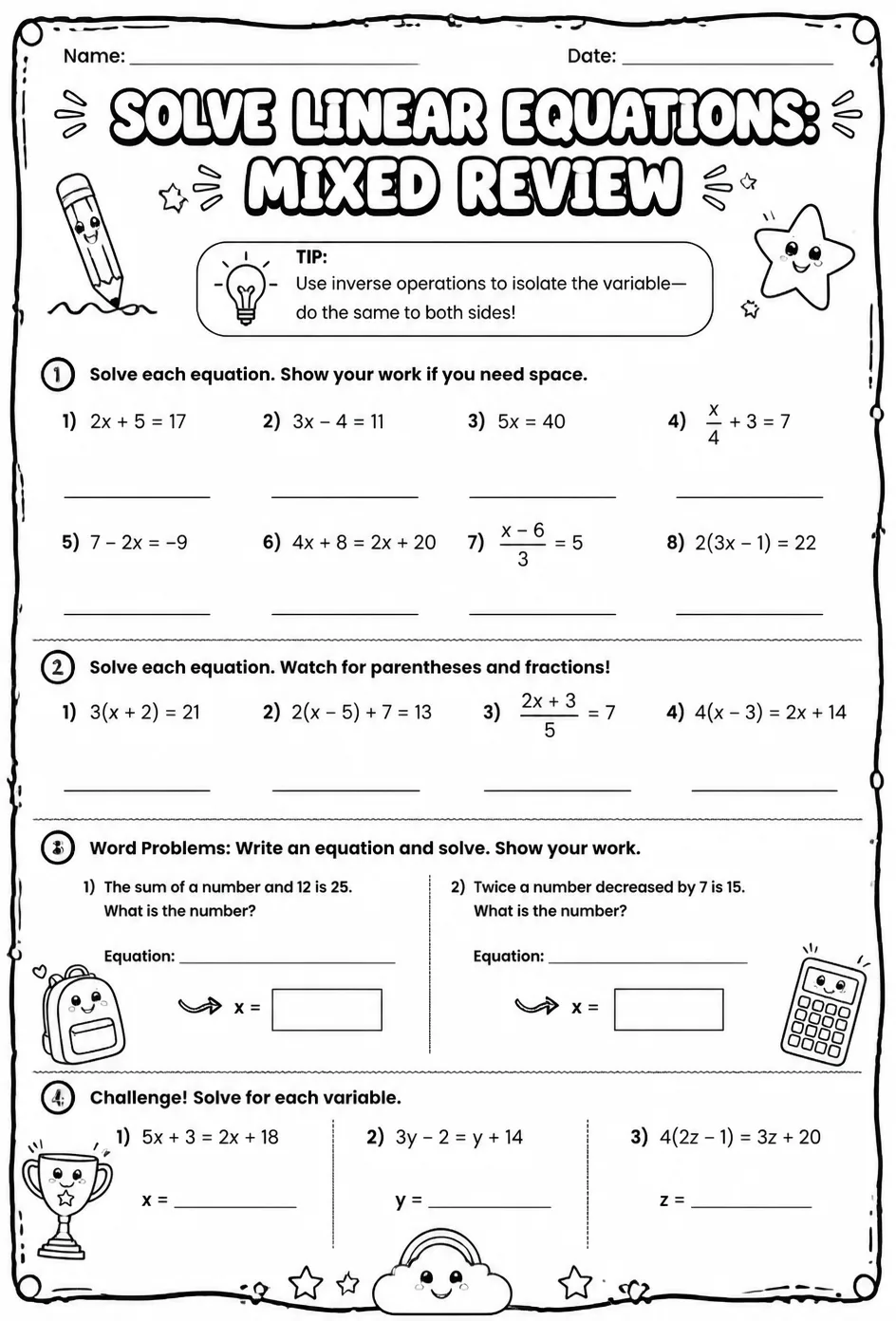 Solve linear equations: mixed review — free printable Algebra 1 math worksheet