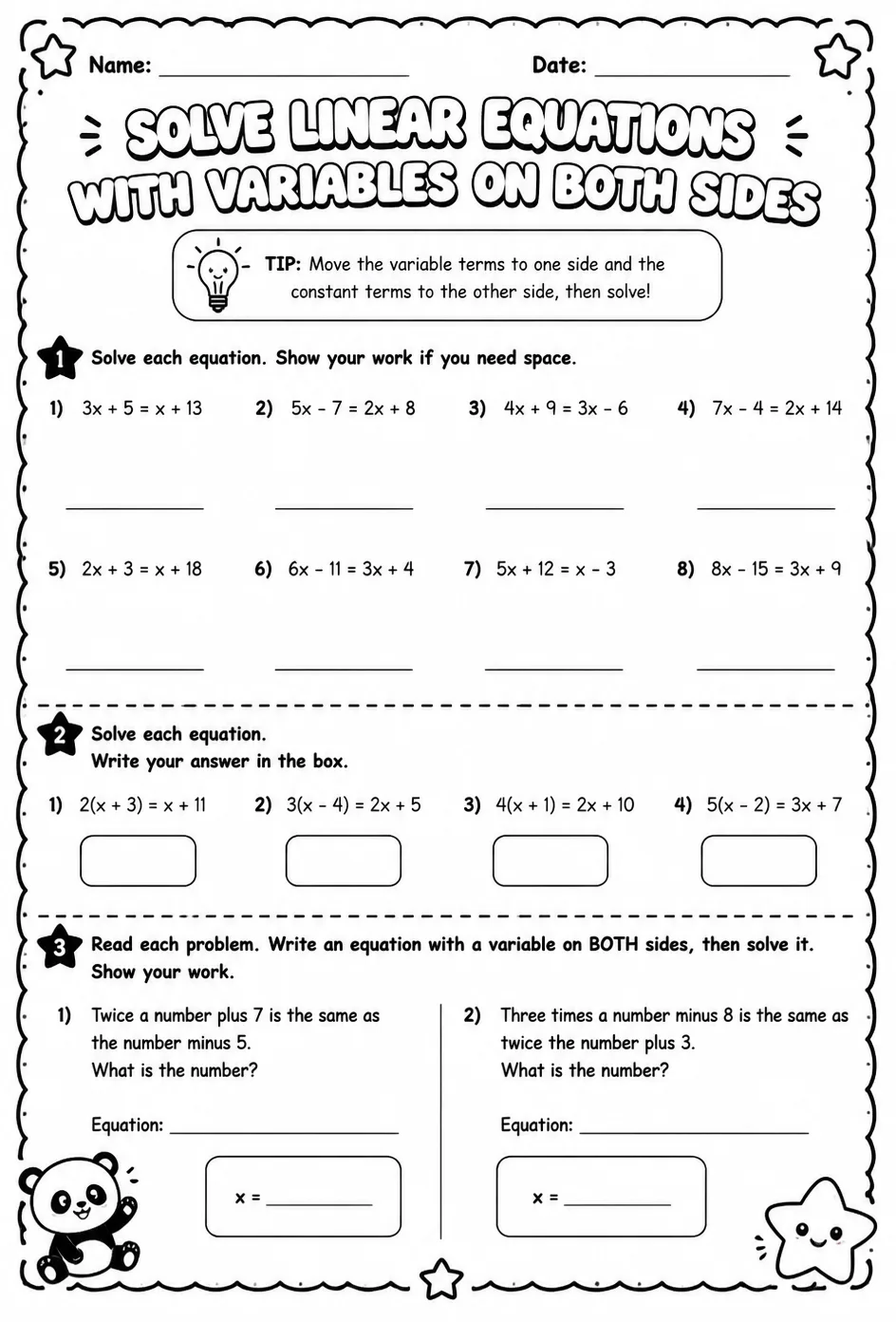 Solve linear equations with variables on both sides — free printable Algebra 1 math worksheet