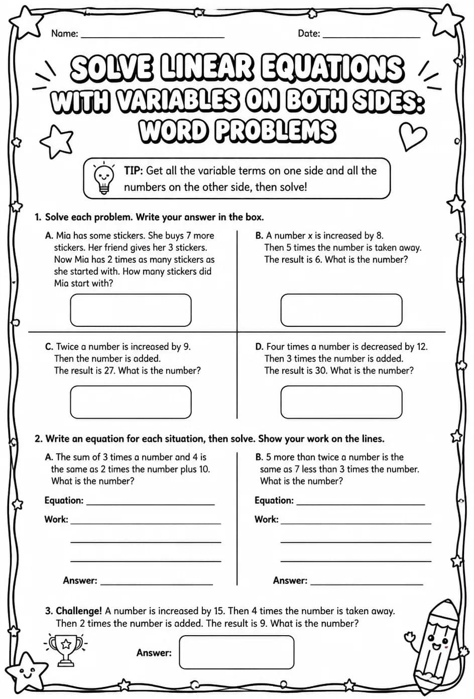 Solve linear equations with variables on both sides: word problems — free printable Algebra 1 math worksheet