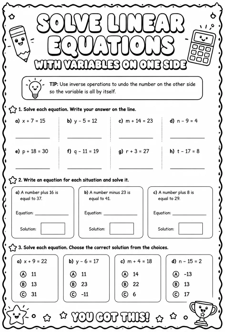 Solve linear equations with variables on one side — free printable Algebra 1 math worksheet