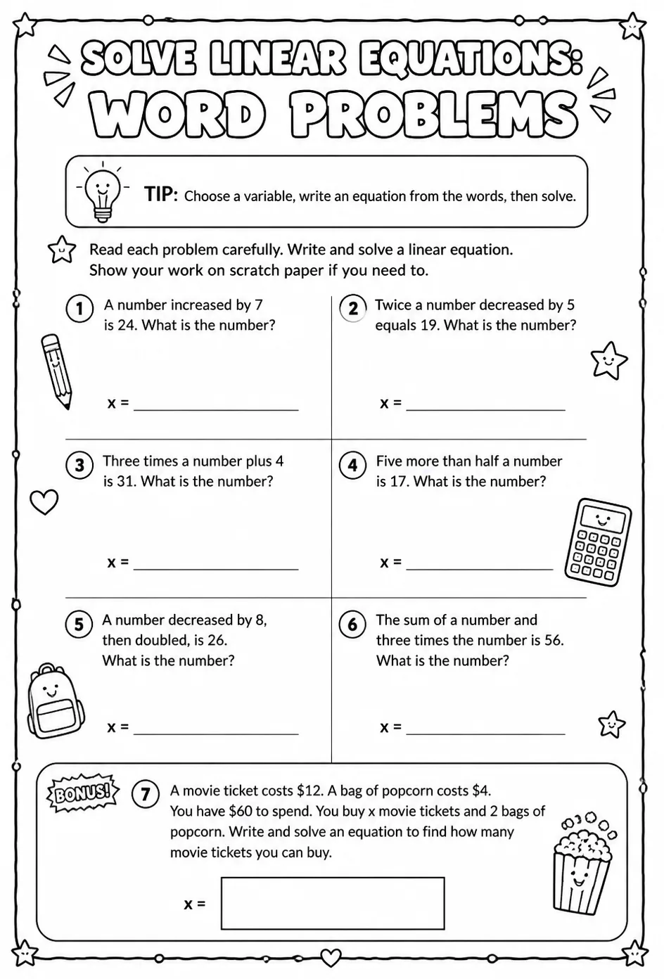 Solve linear equations: word problems — free printable Algebra 2 math worksheet