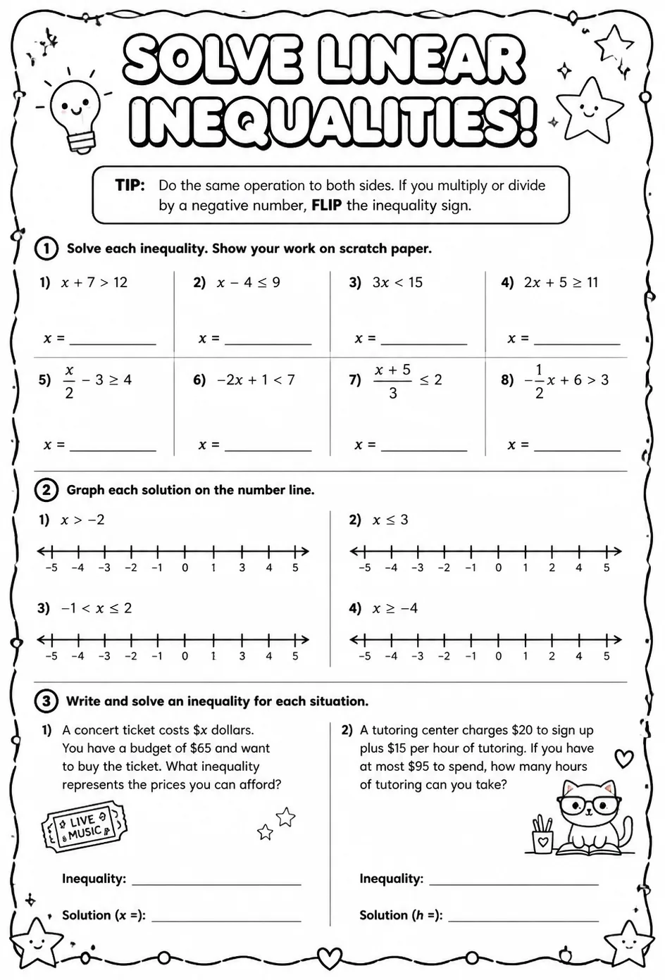 Solve linear inequalities — free printable Algebra 2 math worksheet