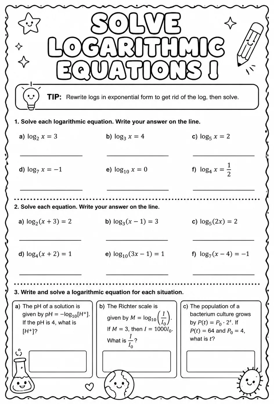 Solve logarithmic equations I — free printable Algebra 2 math worksheet