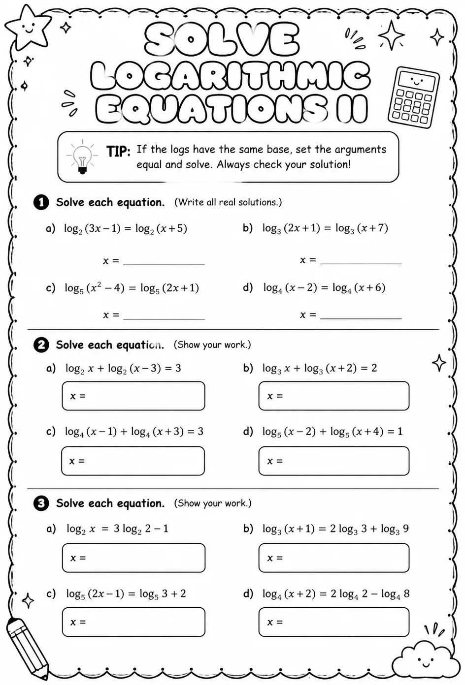 Solve logarithmic equations II — free printable Algebra 2 math worksheet