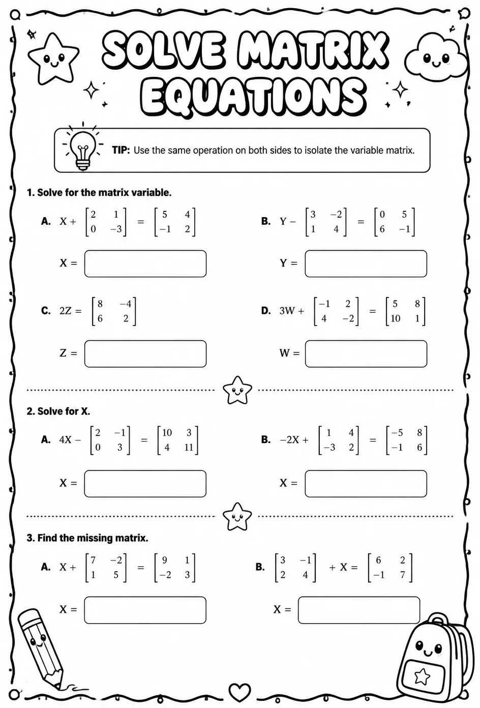 Solve matrix equations — free printable Algebra 2 math worksheet