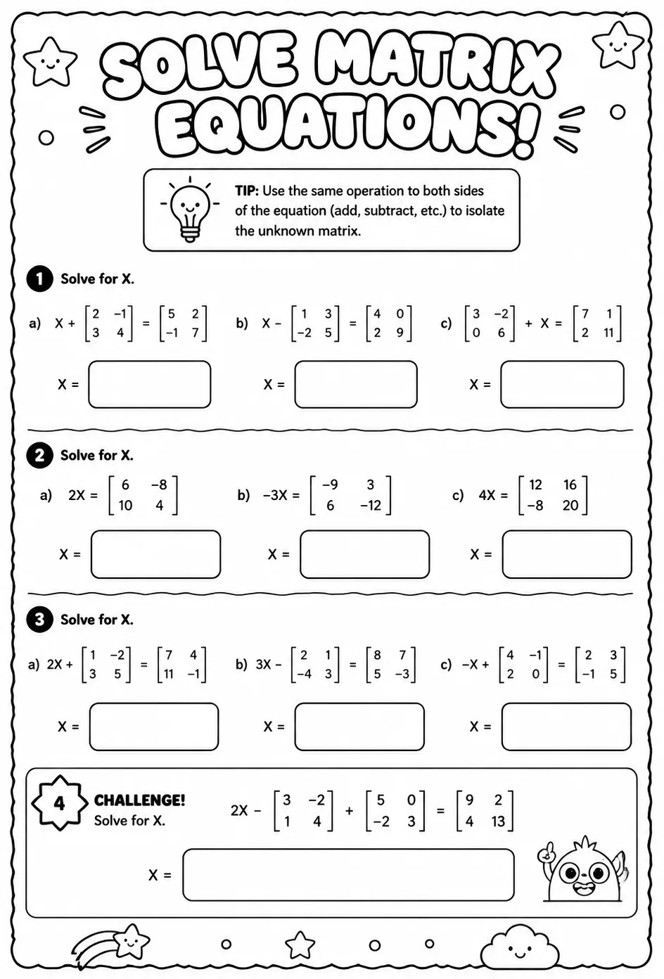Solve matrix equations — free printable Precalculus math worksheet