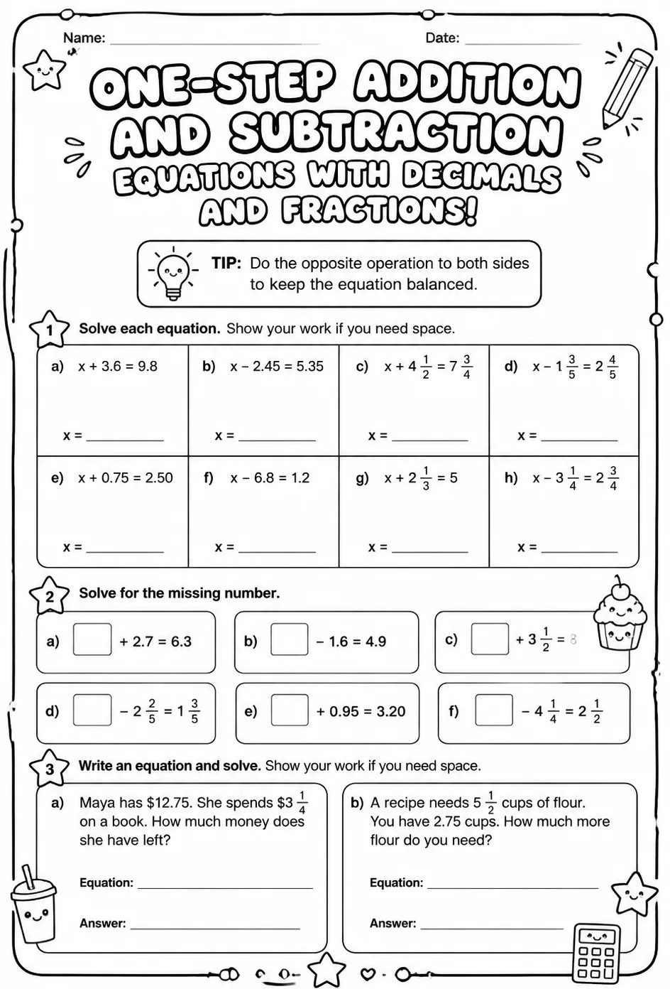 Solve one-step addition and subtraction equations with decimals and fractions — free printable Grade 6 math worksheet