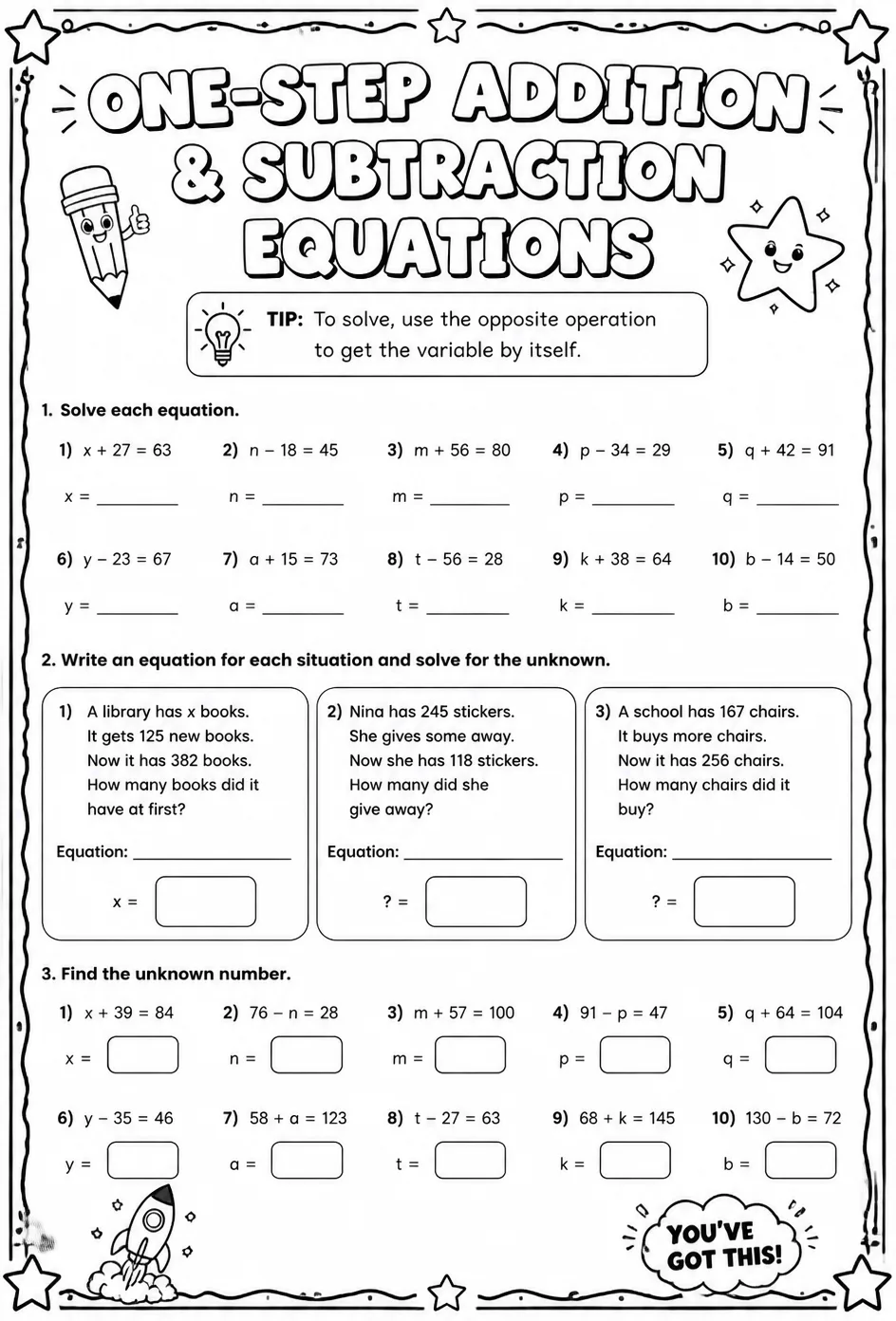 Solve one-step addition and subtraction equations with whole numbers — free printable Grade 6 math worksheet