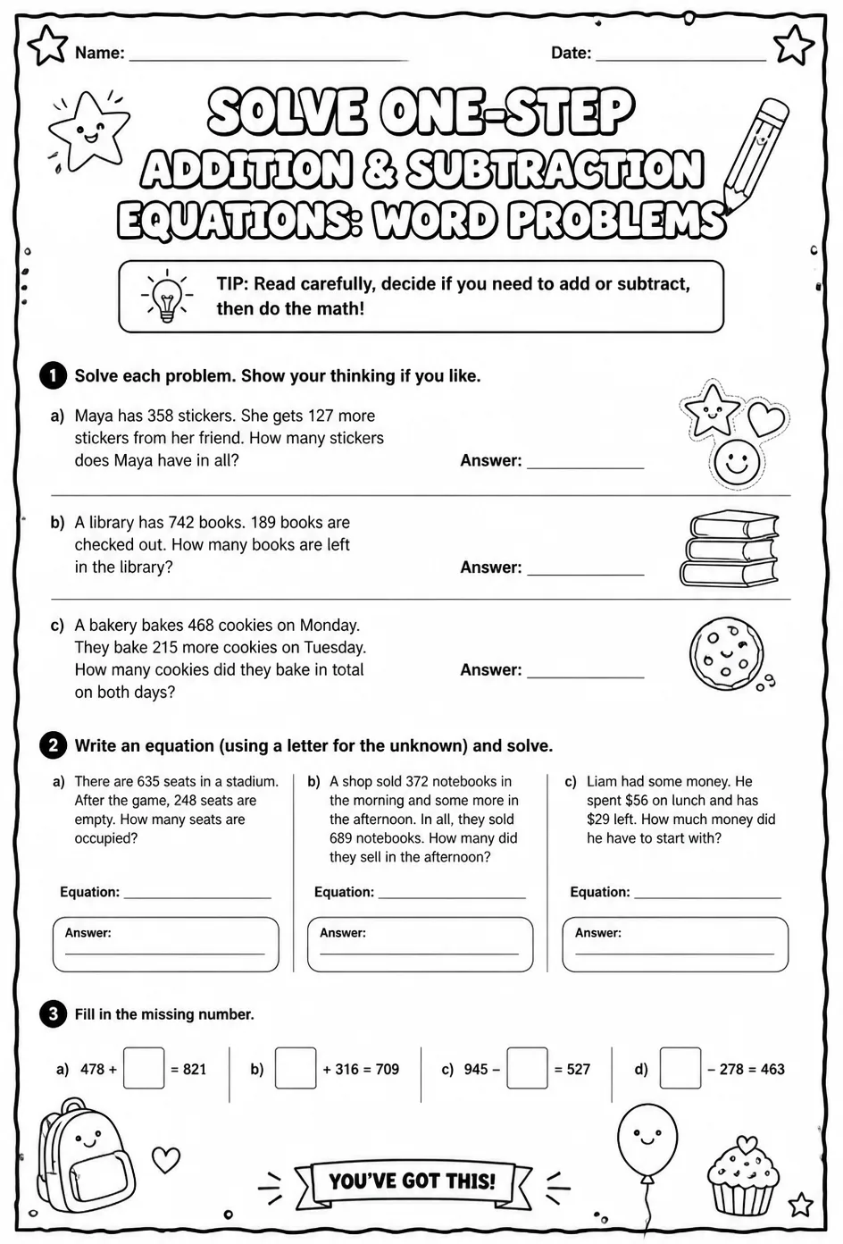Solve one-step addition and subtraction equations: word problems