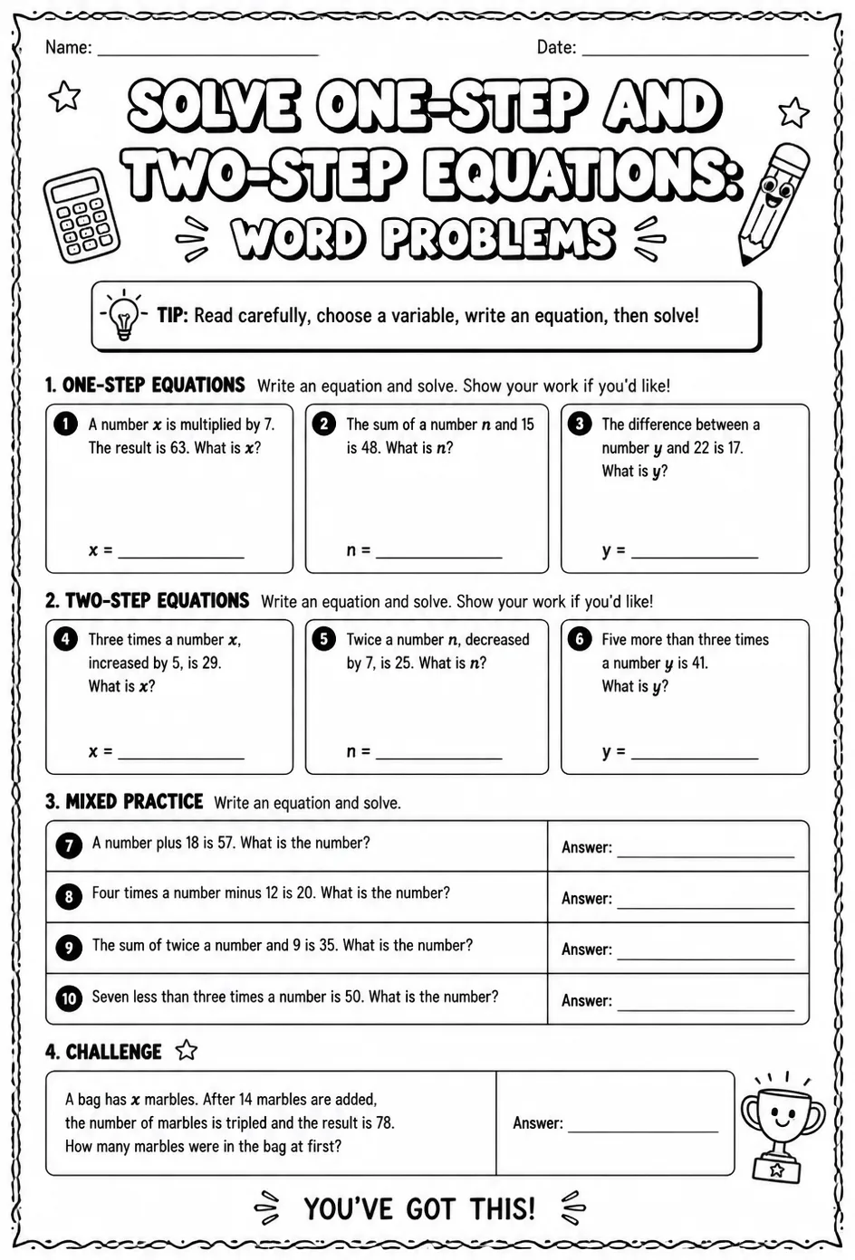 Solve one-step and two-step equations: word problems — free printable Grade 8 math worksheet