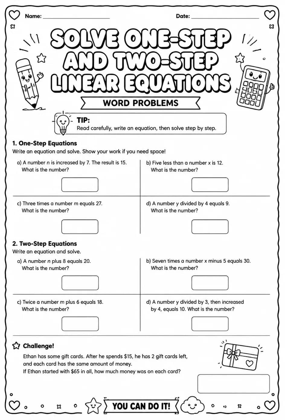 Solve one-step and two-step linear equations: word problems — free printable Algebra 1 math worksheet