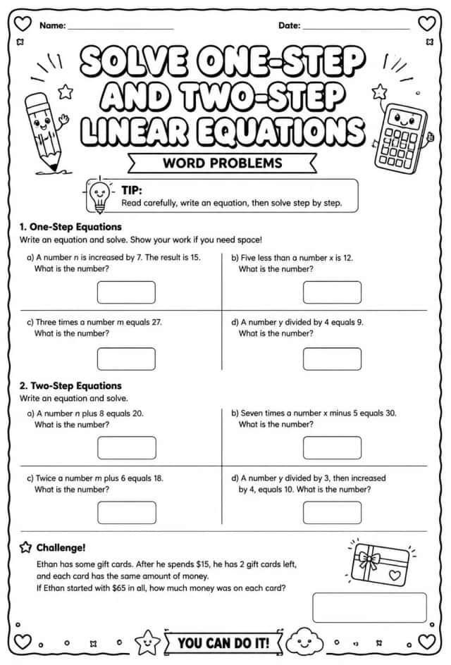 Solve one-step and two-step linear equations: word problems