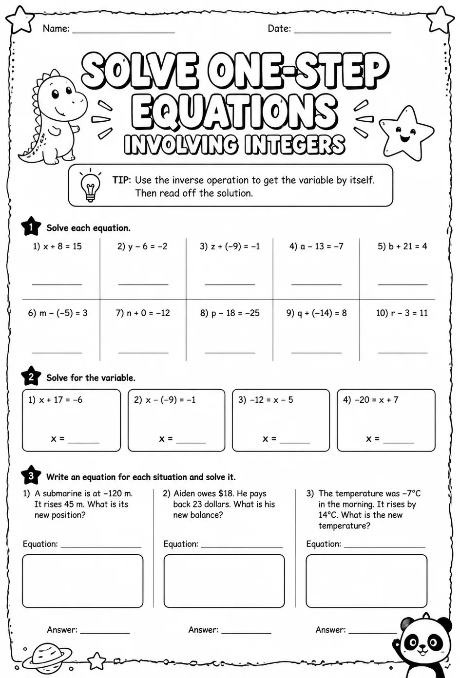 Solve one-step equations involving integers — free printable Grade 6 math worksheet