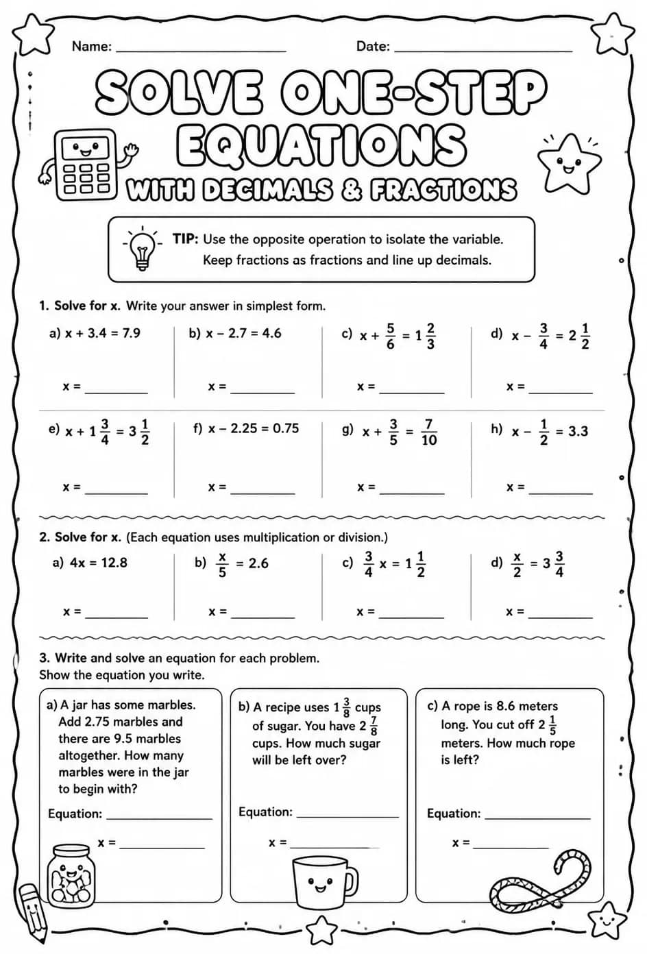 Solve one-step equations with decimals and fractions — free printable Grade 6 math worksheet