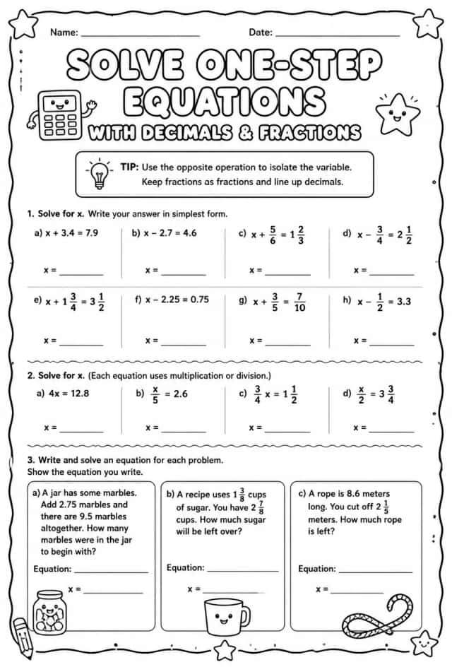 Solve one-step equations with decimals and fractions