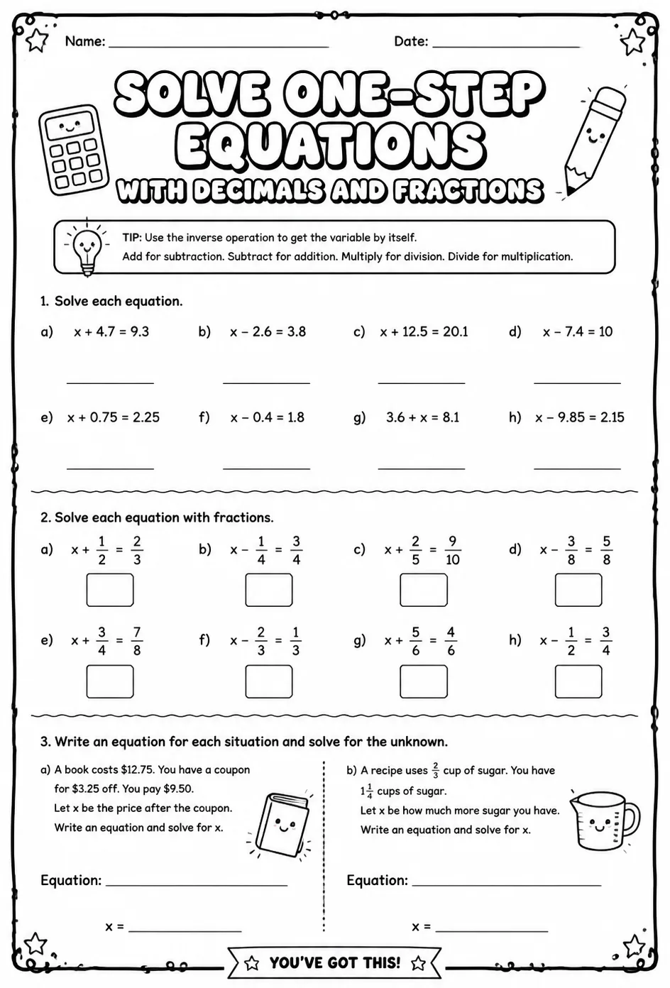 Solve one-step equations with decimals and fractions — free printable Grade 7 math worksheet