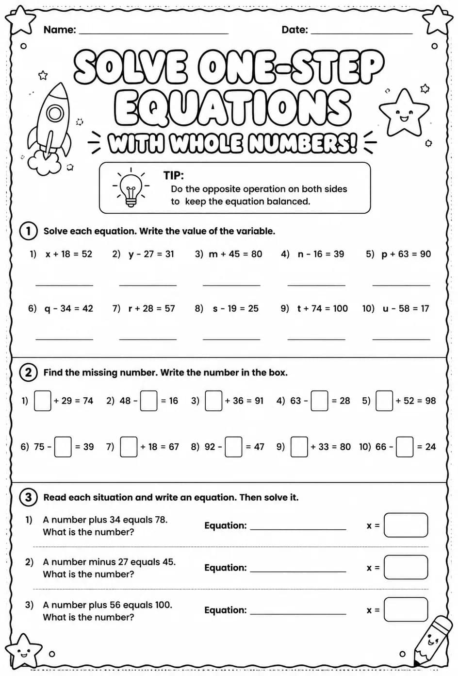 Solve one-step equations with whole numbers — free printable Grade 6 math worksheet