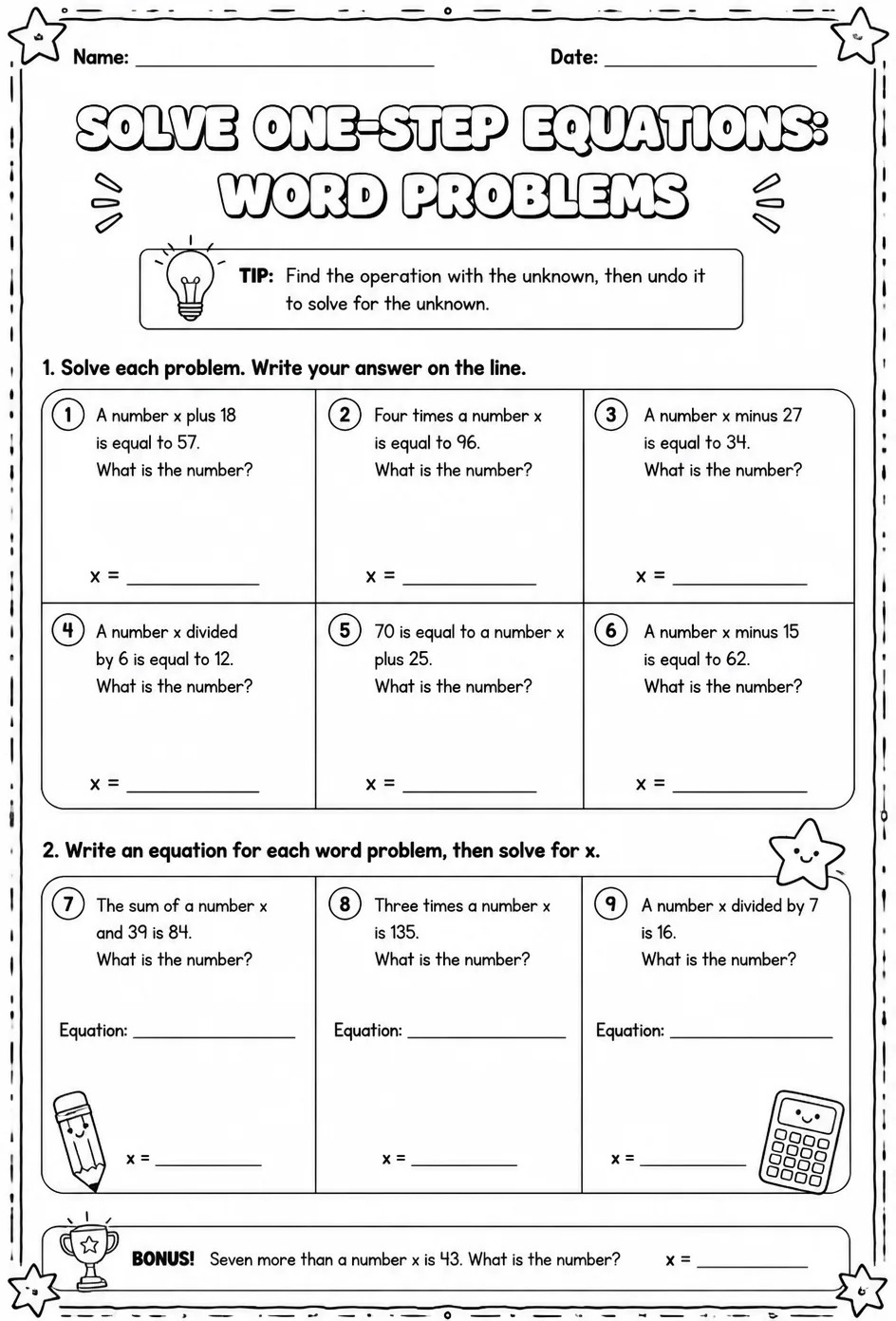 Solve one-step equations: word problems — free printable Grade 6 math worksheet