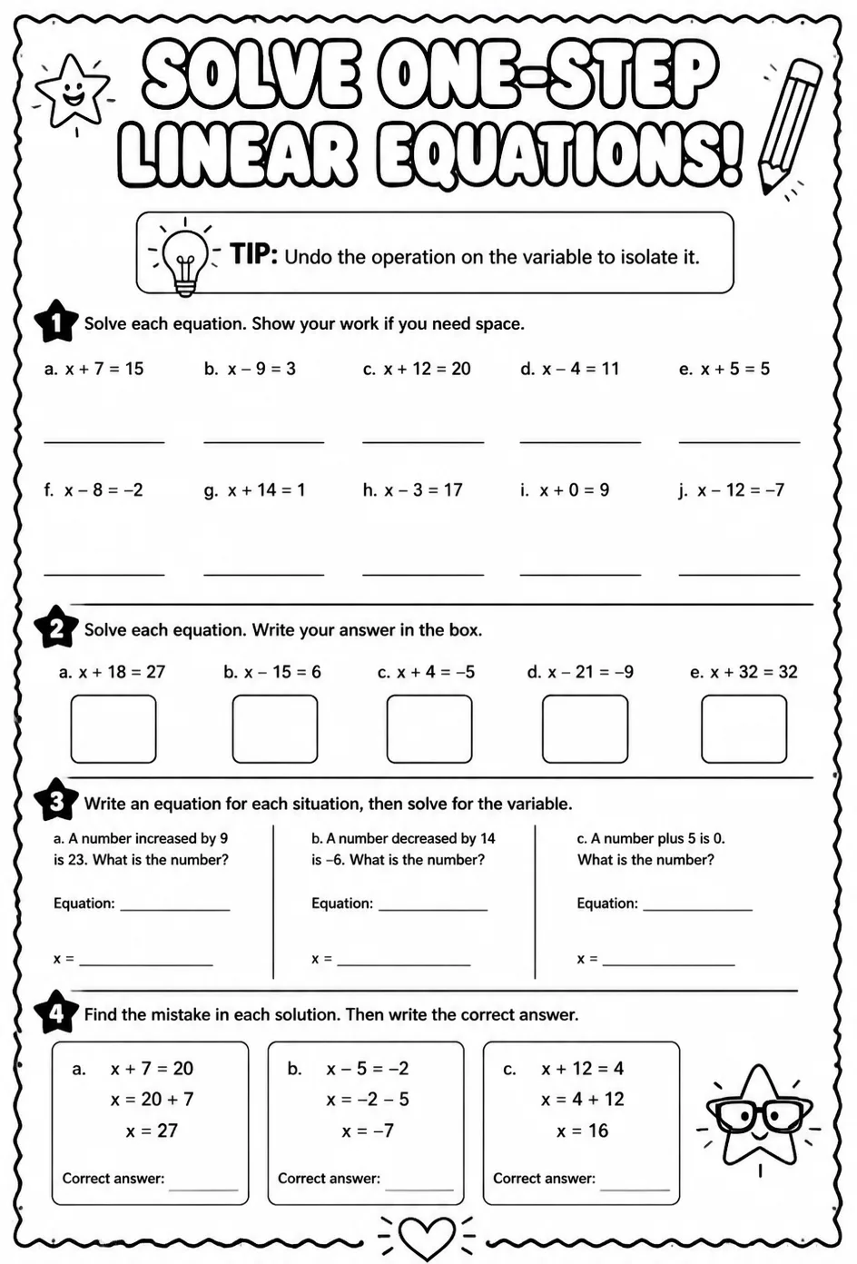 Solve one-step linear equations