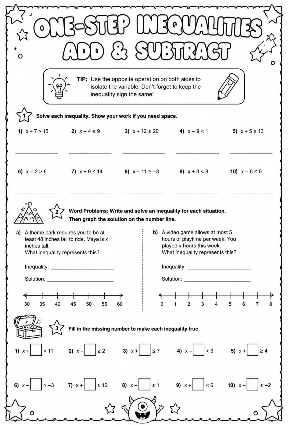 Solve one-step linear inequalities: addition and subtraction — free printable Algebra 1 math worksheet