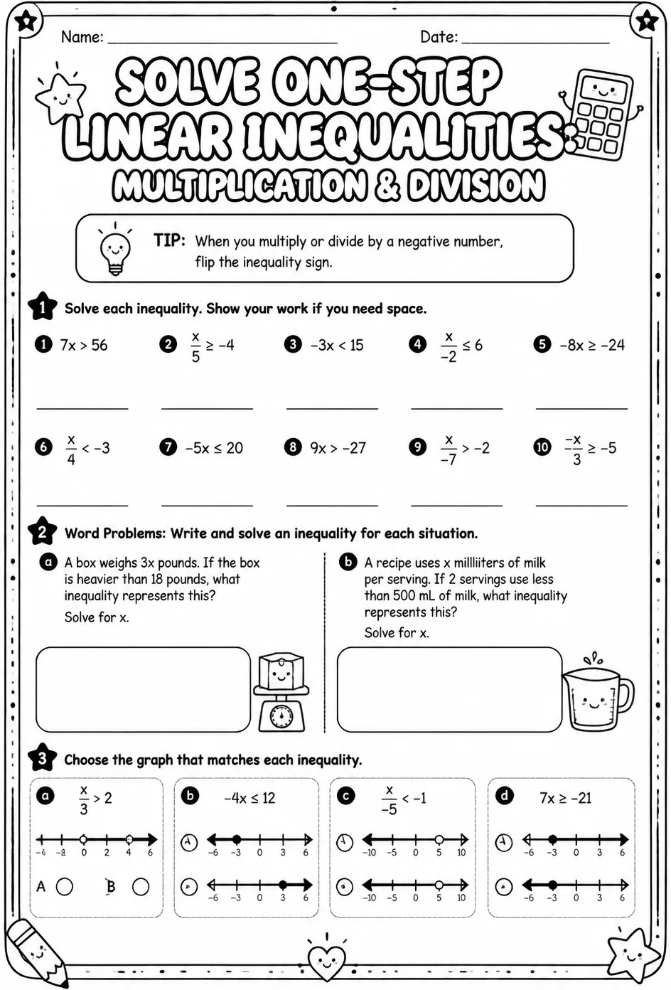 Solve one-step linear inequalities: multiplication and division — free printable Algebra 1 math worksheet