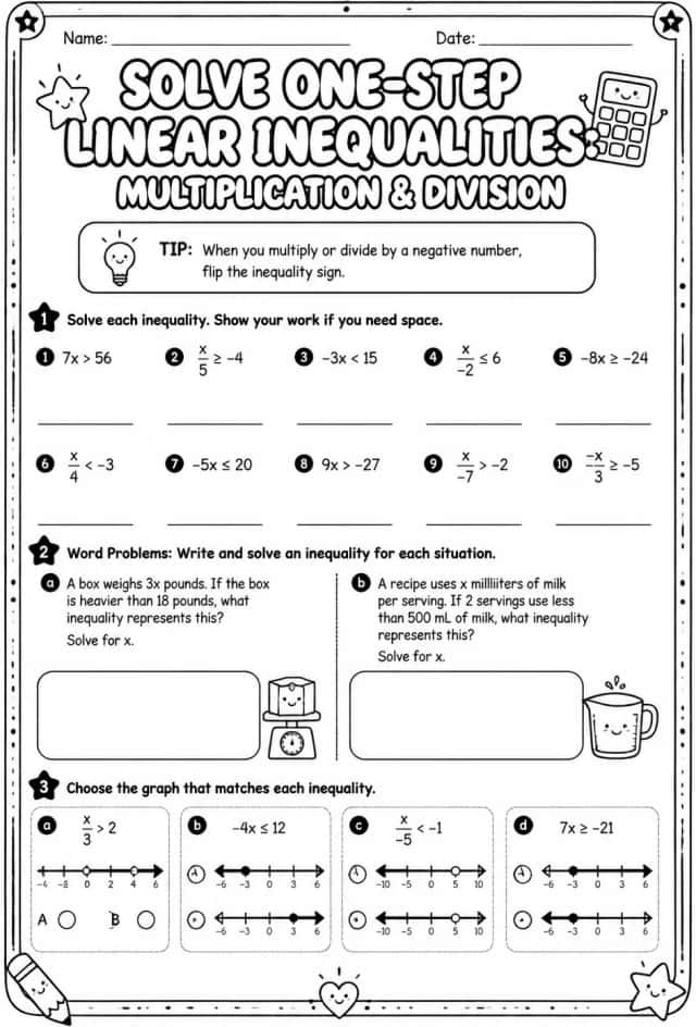 Solve one-step linear inequalities: multiplication and division