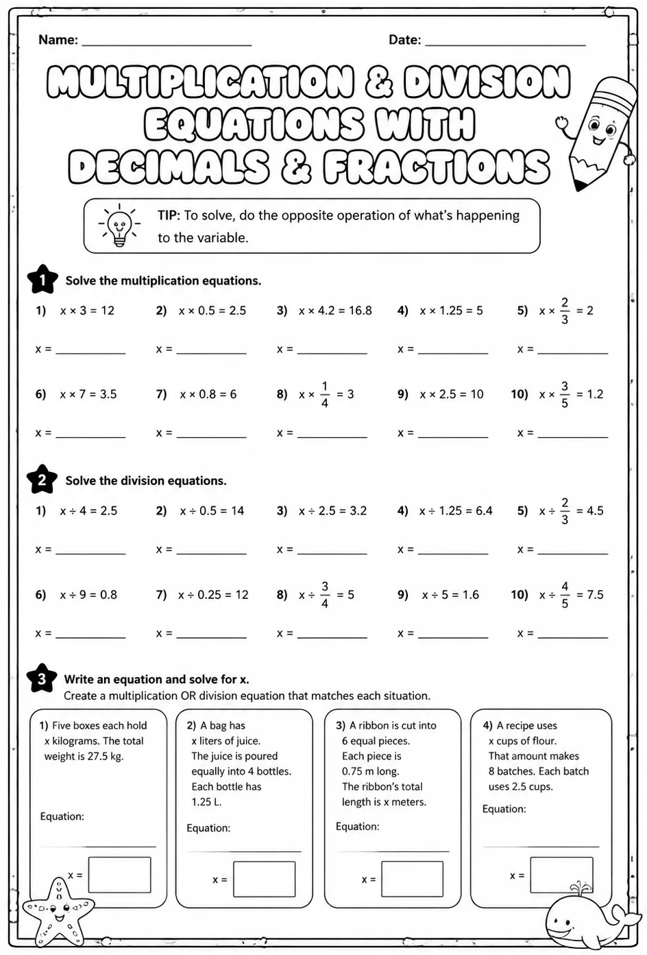 Solve one-step multiplication and division equations with decimals and fractions — free printable Grade 6 math worksheet