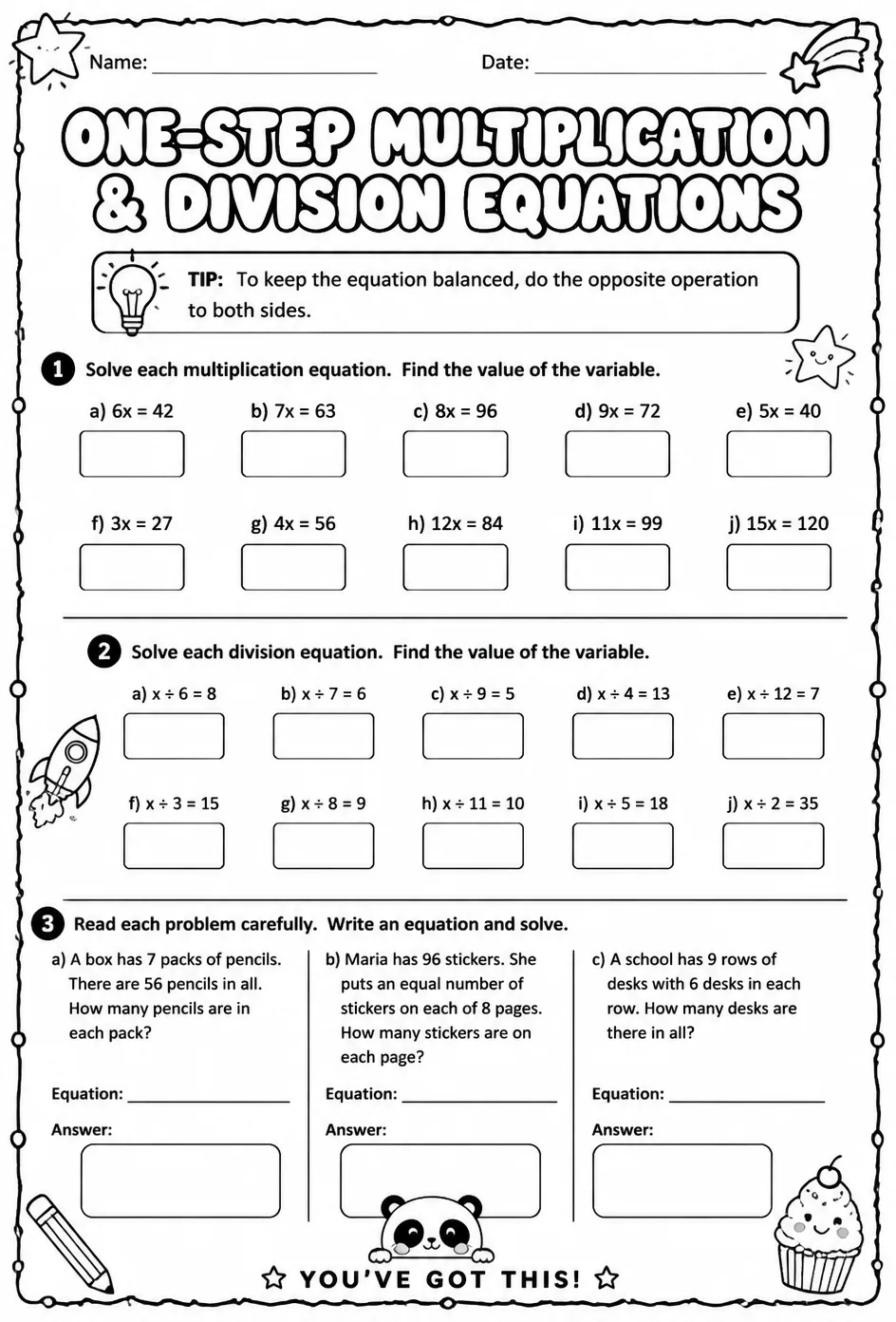 Solve one-step multiplication and division equations with whole numbers — free printable Grade 6 math worksheet