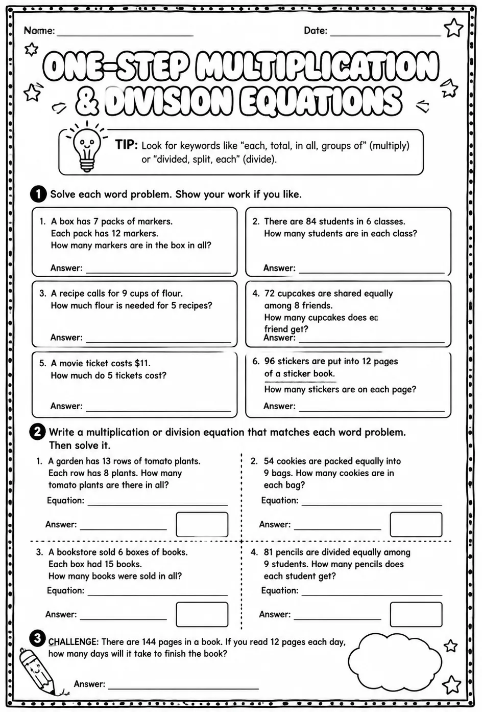 Solve one-step multiplication and division equations: word problems — free printable Grade 6 math worksheet