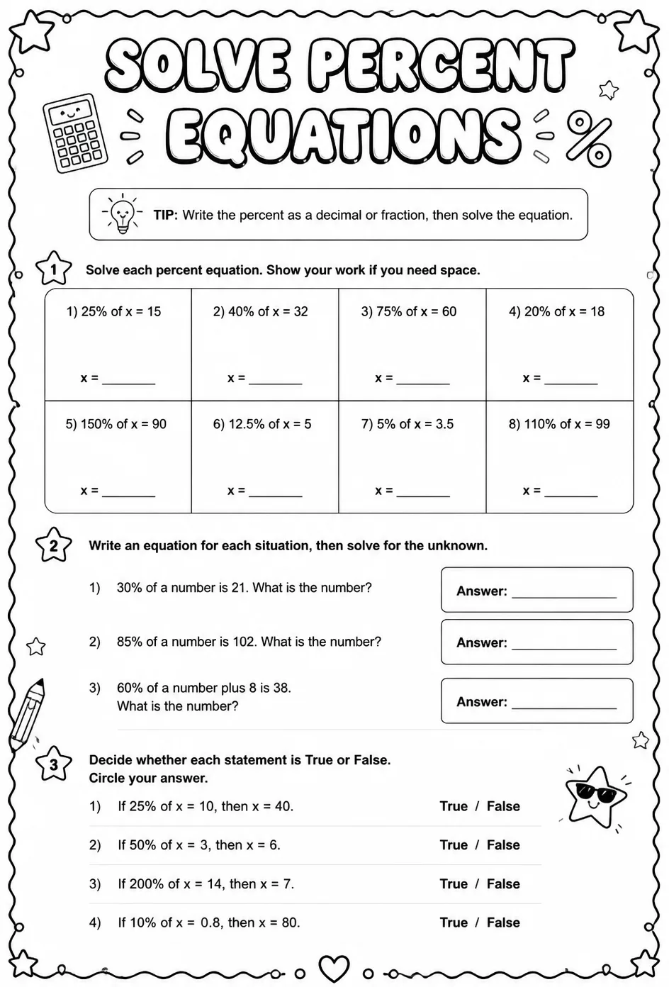 Solve percent equations — free printable Grade 7 math worksheet