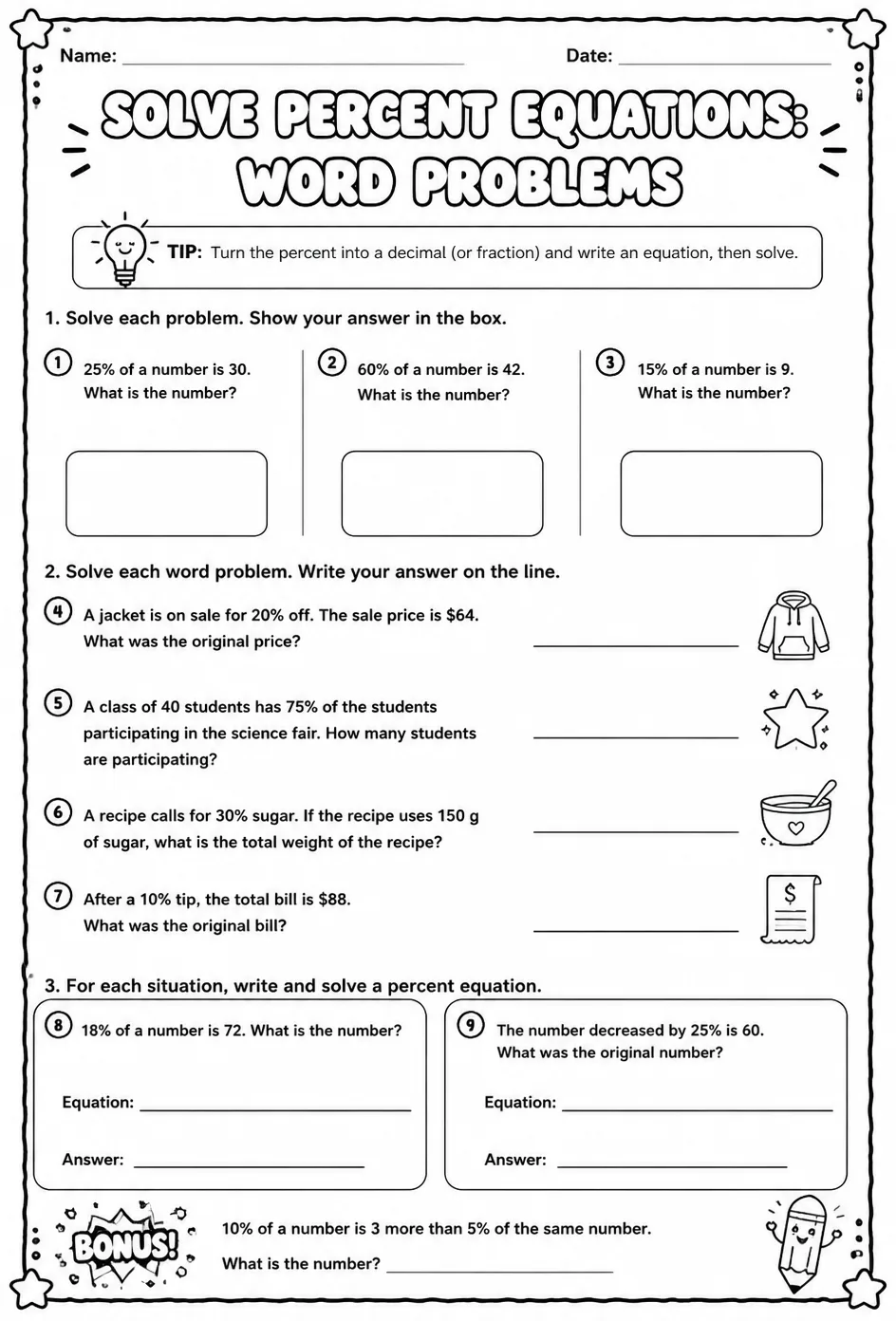 Solve percent equations: word problems — free printable Grade 7 math worksheet