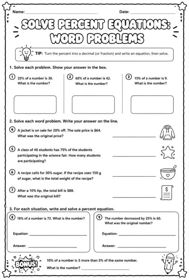 Solve percent equations: word problems