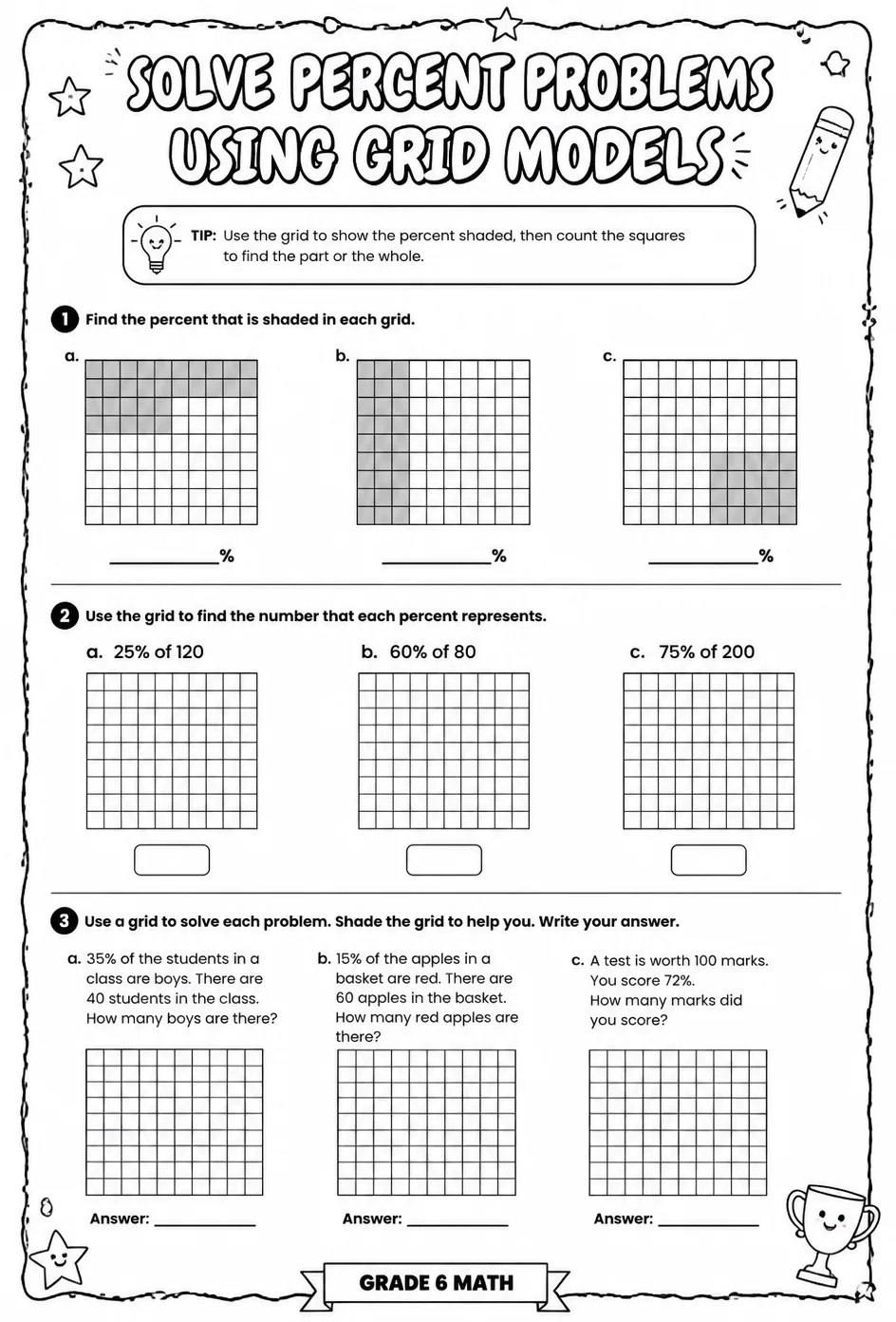Solve percent problems using grid models — free printable Grade 6 math worksheet