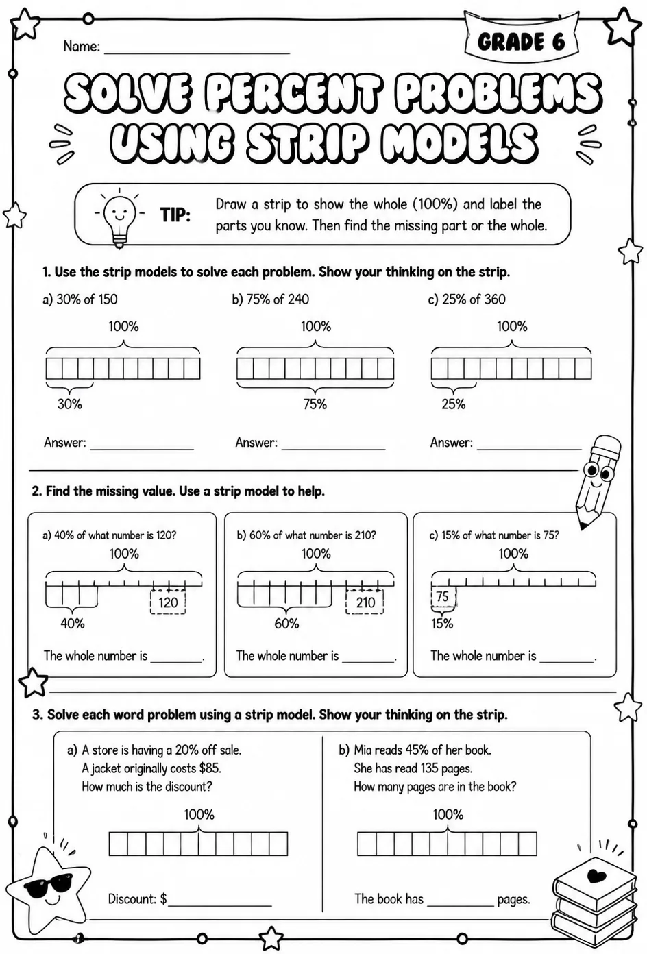 Solve percent problems using strip models — free printable Grade 6 math worksheet