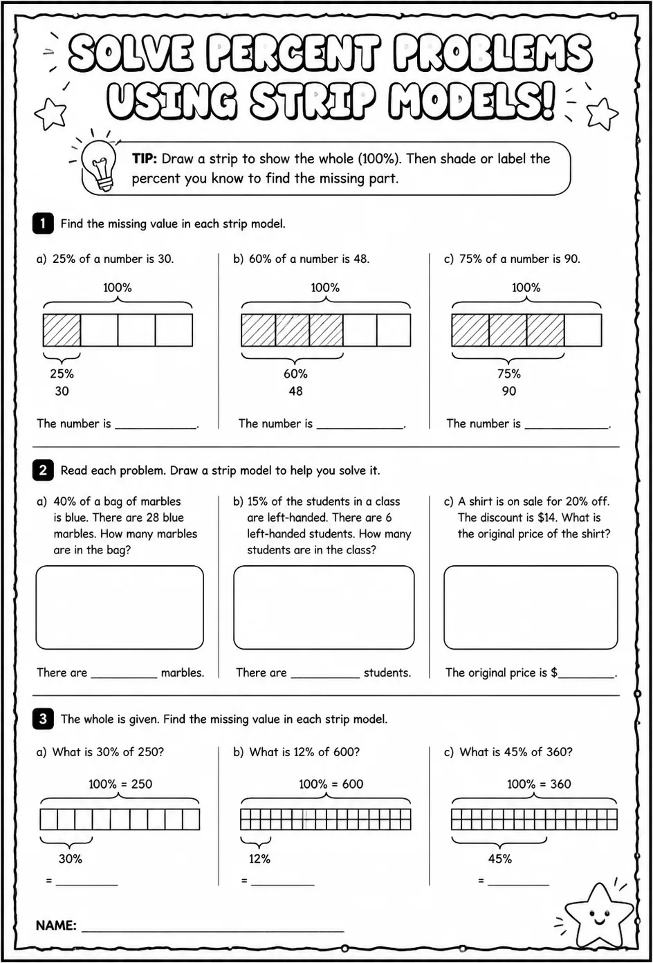 Solve percent problems using strip models — free printable Grade 7 math worksheet