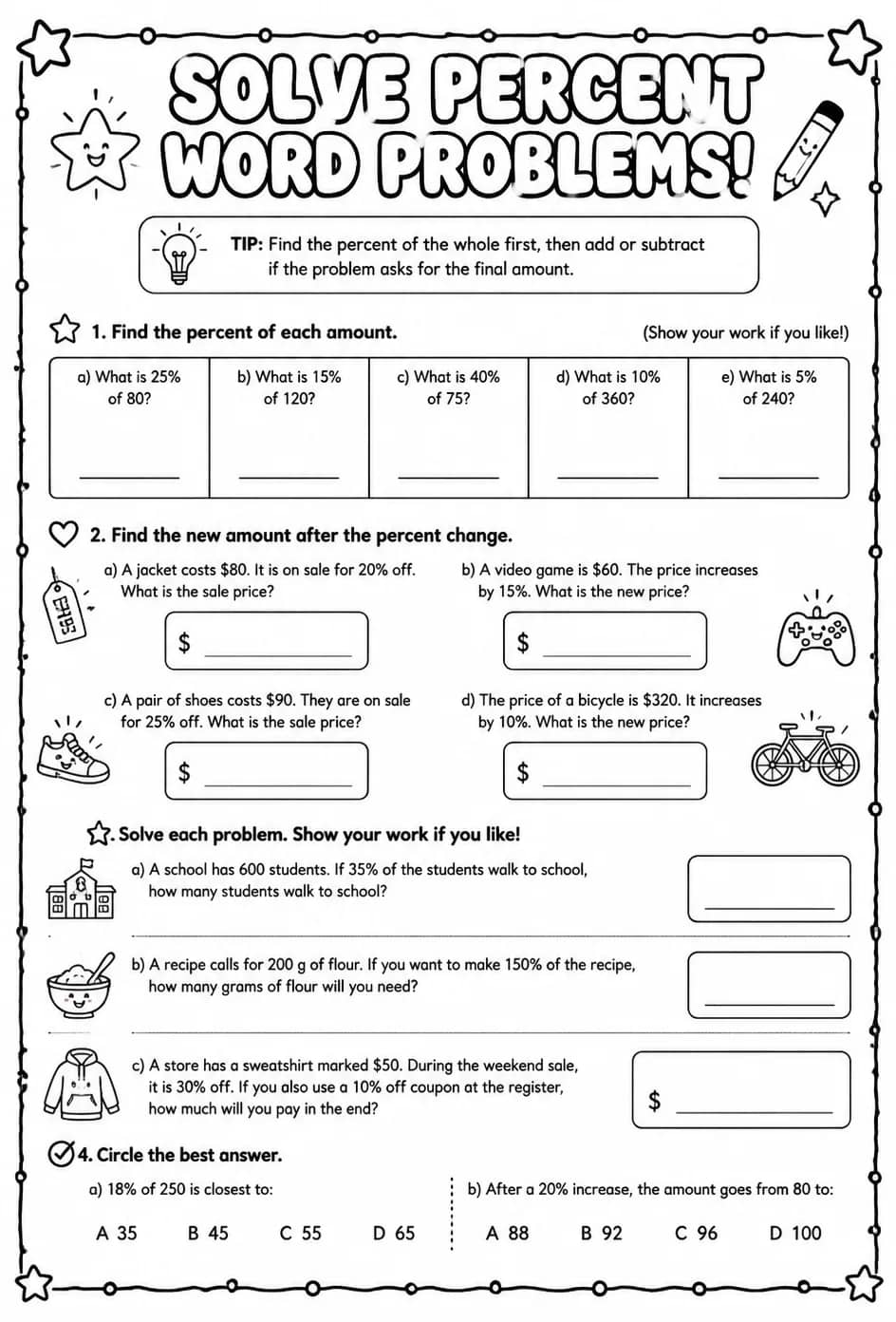 Solve percent word problems — free printable Grade 6 math worksheet