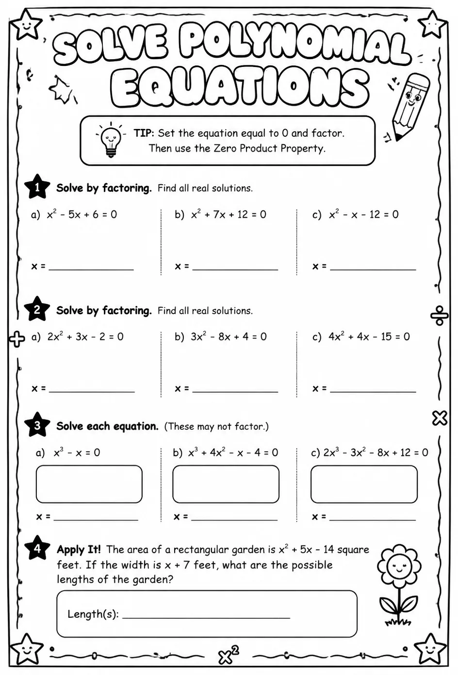 Solve polynomial equations — free printable Algebra 2 math worksheet